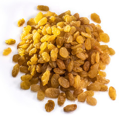 Raisins peeled on a white isolated background. Food grape yellow delicious for your design for the site. kitchen theme