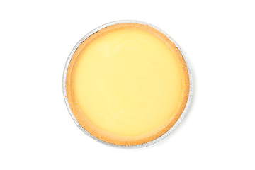Foil plate with delicious lemon tart isolated on white background