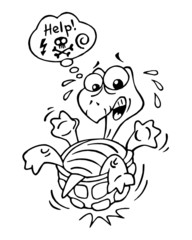 Turtle lies on carapace and can't stand up, screaming for help in comic bubble, black and white cartoon