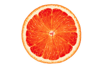 Slice of sweet red juicy grapefruit fruit isolated on white background for design package