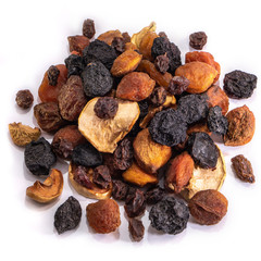 Mix of dried fruits on a white isolated background. Food grapes, apple, raisins, hazelnuts, dried apricots for your website design. kitchen theme