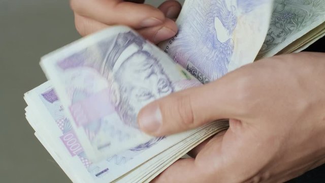 Men's hands quickly count banknotes. Businessman counts banknotes of czech krona in hands. CZK