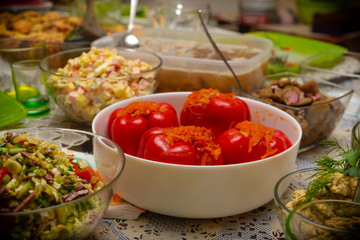 Red Stuffed Peppers. Serving option. Selective focus.