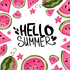 Digital illustration trendy hand lettering hello summer on a bright white background with pink slices of watermelon with pits. Print for banners, posters, fabrics, cards, paper, clothes.
