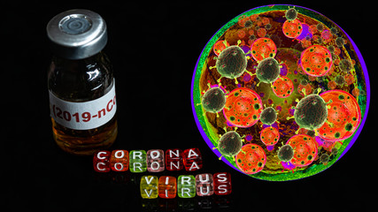 Colorful text "Corona virus" with Vaccine bottle have  text "2019-nCov"  and Spherical virus detection panel put on  Black background. corona virus Concept.