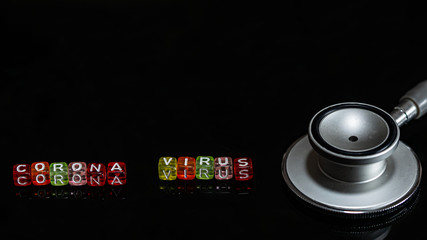 Colorful text "Corona virus" and  Syringe  and Spherical virus detection panel  put on  Black background. corona virus Concept.