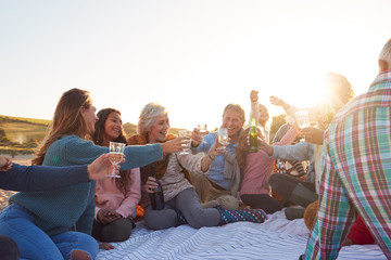 Multi-Generation Family Making A Toast With Alcohol On Winter Beach Vacation