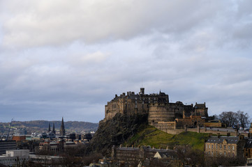 View on Castle hill in old part of Edinburgh city, capital of Scotland, in rainy winter day.