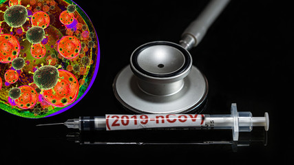 Syringe have text "(2019-nCoV)"  and Spherical virus and stethoscope detection panel put on  Black background. corona virus Concept.
