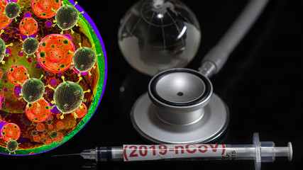 Syringe have text "(2019-nCoV)" and globe model and Spherical virus and stethoscope detection panel put on  Black background. corona virus Concept.