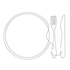 Plate and fork knife on white background line drawing vector illustration