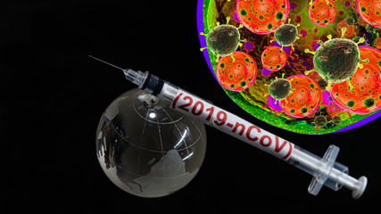 Syringe have text "(2019-nCoV)" and globe model and Spherical virus and stethoscope detection panel put on  Black background. corona virus Concept.