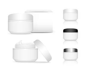 Cosmetic plastic jar with box isolated on white background. Skin care bottles for gel, liquid, lotion, cream. Beauty product package, vector illustration.