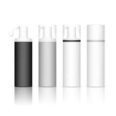 Cosmetic plastic bottle with dispenser pump. Skin care bottles for gel, liquid, lotion, cream, shampoo, bath foam. Beauty product package. Vector illustration.