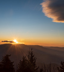 sunset from Lysa hora hill in Moravskoslezske Beskydy mountains in Czech republic
