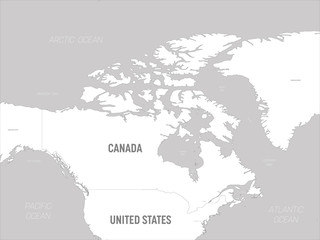 Canada map - white lands and grey water. High detailed political map Canada and neighboring countries with country, capital, ocean and sea names labeling