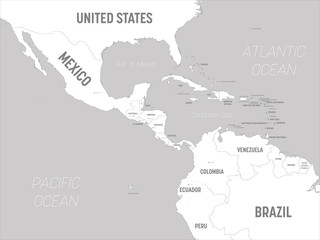 Central America map - white lands and grey water. High detailed political map Central American and Caribbean region with country, capital, ocean and sea names labeling