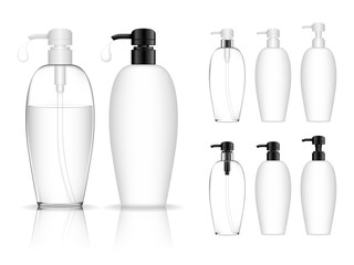 Cosmetic transparent plastic bottle with dispenser pump. Liquid container for gel, lotion, cream, shampoo, bath foam. Beauty product package. Vector illustration.