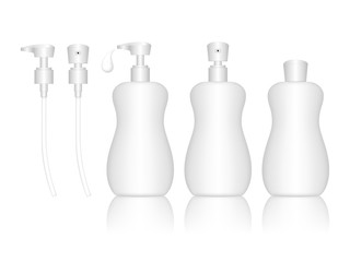 Cosmetic plastic bottle with spray, dispenser pump. Liquid container for gel, lotion, cream, shampoo, bath foam. Beauty product package. Vector illustration.