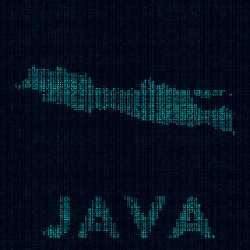 Java tech map. Island symbol in digital style. Cyber map of Java with island name. Vibrant vector illustration.
