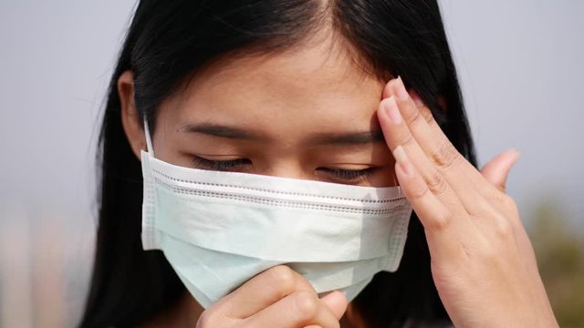 Asian women wearing dust mask and headache protect from wuhan coronavirus china health emergency.