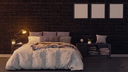 Modern master bedroom interior with picture of shipwreck on the wall.