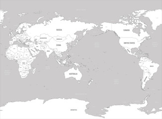 Fototapeta premium World map - Asia, Australia and Pacific Ocean centered. White lands and grey water. High detailed political map of World with country, capital, ocean and sea names labeling