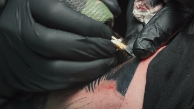 Video of tattooist getting black tattoo of snake in salon