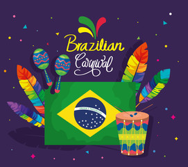 poster of brazilian carnival with flag and icons traditional