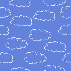 Hand-drawn seamless pattern with cute clouds on blue a background. Clouds repeating on a blue background. The contours of the clouds in the sky. Seamless pattern for baby wallpaper. 