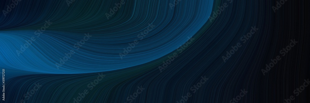 Poster artistic horizontal header with very dark blue, teal and midnight blue colors. dynamic curved lines with fluid flowing waves and curves