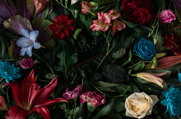 Creative layout made of flowers and leaves. Flat lay. Nature concept. Floral Greeting card....