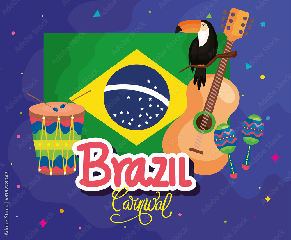 Wall mural poster of brazil carnival with flag and icons traditional