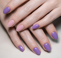Closeup view photography of beautiful female hands with modern trendy gel polished rounded nails painted with two colors in pink and purple. 