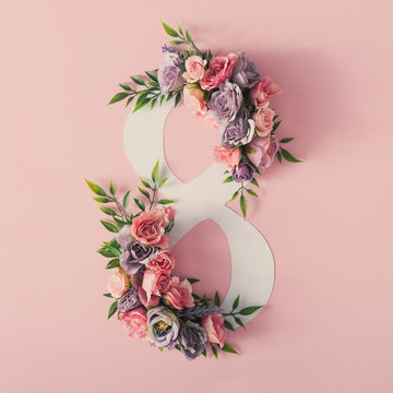Colorful 8 March. Floral Greeting card. Happy Women's Day. Flower and leaves flat lay spring holiday background with number 8. Nature Trendy Design. Happy Mother's Day.