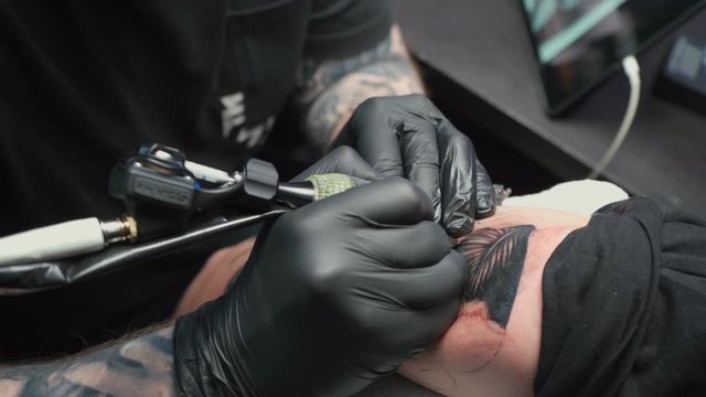 Footage of professional getting tattoo of snake in salon
