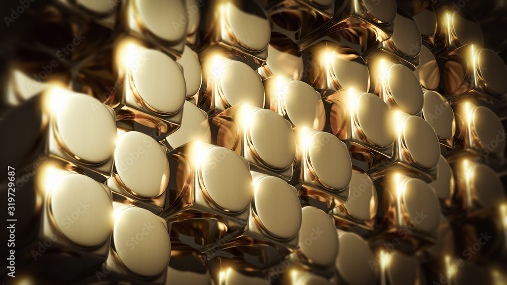 Poster abstract 3d rendering of golden square cylinder blocks surface. futuristic background with extruded 