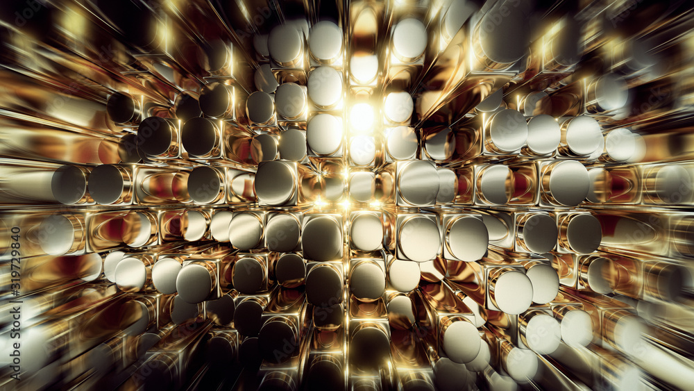 Poster abstract 3d rendering of golden square cylinder blocks surface. futuristic background with extruded 