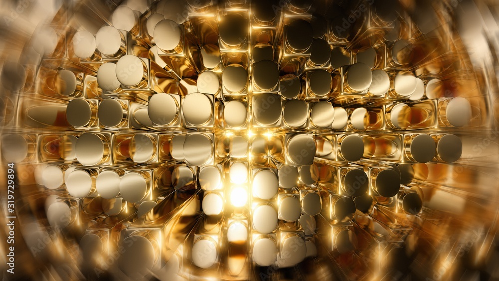 Poster abstract 3d rendering of golden square cylinder blocks surface. futuristic background with extruded 