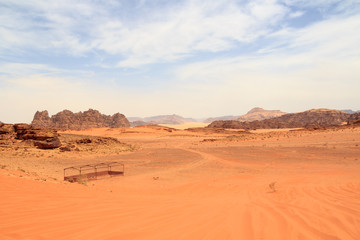 Fototapeta na wymiar Wadi Rum desert panorama with dunes, mountains and sand, Jordan