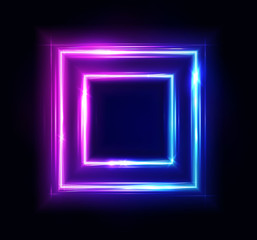 Neon rectangle frame or neon lights square sign. Vector abstract background, tunnel, portal. Geometric glow outline square shape or laser glowing lines. Abstract background with space for your text.