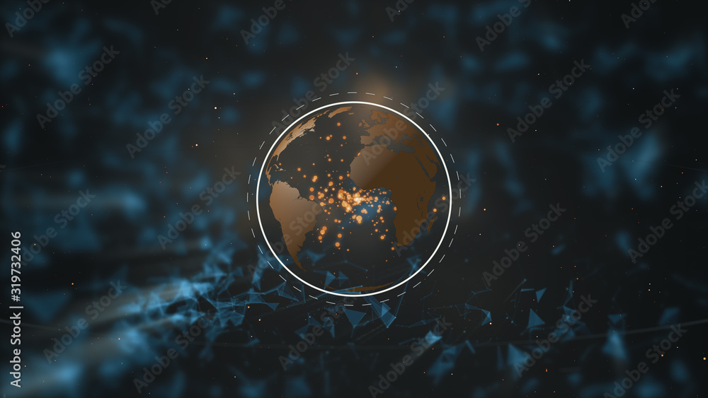 Poster a planet and ozone layer out of white abstract particles over dark-blue plexus space background.