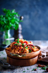 Dominican rice with vegetables and sausages
