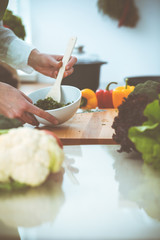 Unknown human hands cooking in kitchen. Woman is busy with vegetable salad. Healthy meal, and vegetarian food concept