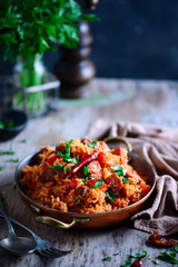 Dominican rice with vegetables and sausages