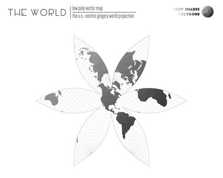 Polygonal world map. The U.S.-centric Gingery world projection of the world. Grey Shades colored polygons. Trending vector illustration.