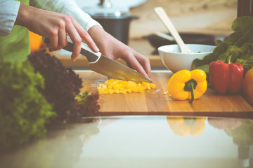 Unknown human hands cooking in kitchen. Woman slicing yellow bell pepper. Healthy meal, and vegetarian food concept