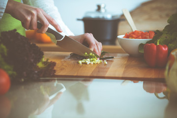 Unknown human hands cooking in kitchen. Woman slicing green onion. Healthy meal, and vegetarian food concept