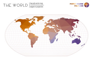 Polygonal map of the world. Wagner VI projection of the world. Purple Orange colored polygons. Energetic vector illustration.