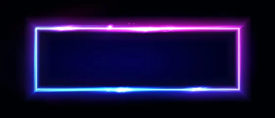 Fotobehang Neon rectangle frame or neon lights horizontal sign. Vector abstract background, tunnel, portal. Geometric glow outline shape or laser glowing lines. Abstract background with space for your text. © Alextanya